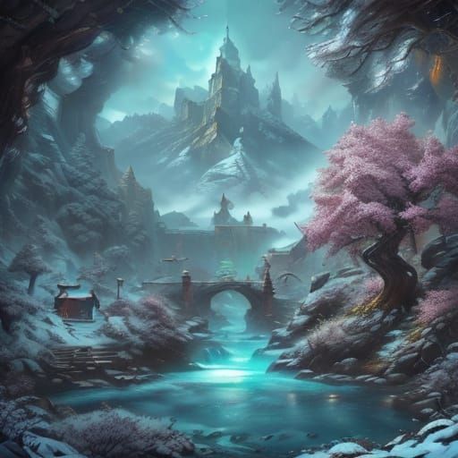 Vibrant Impressionist Swiss Village in Snowy Mountains