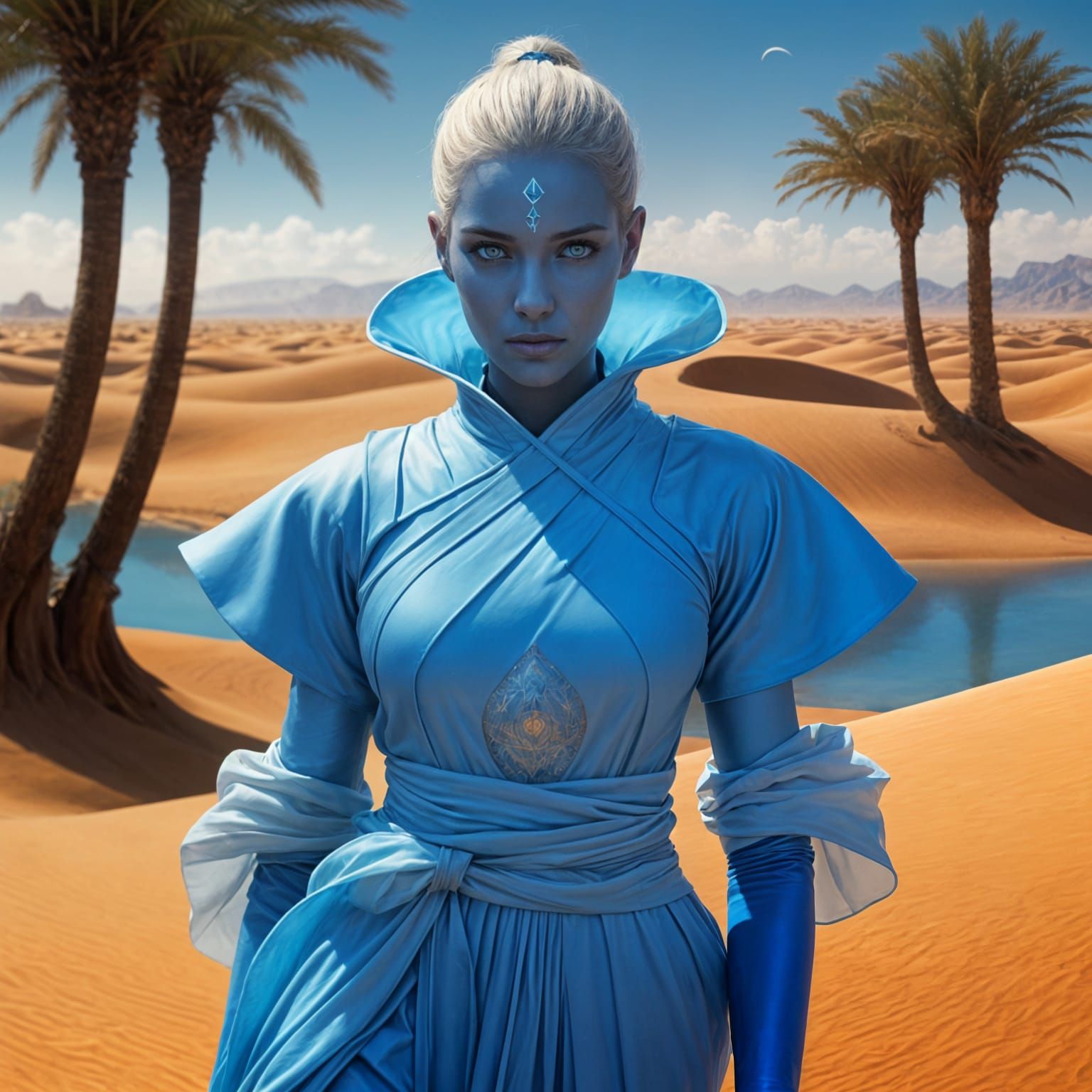 Blue-Skinned Businesswoman Appears at Desert Oasis