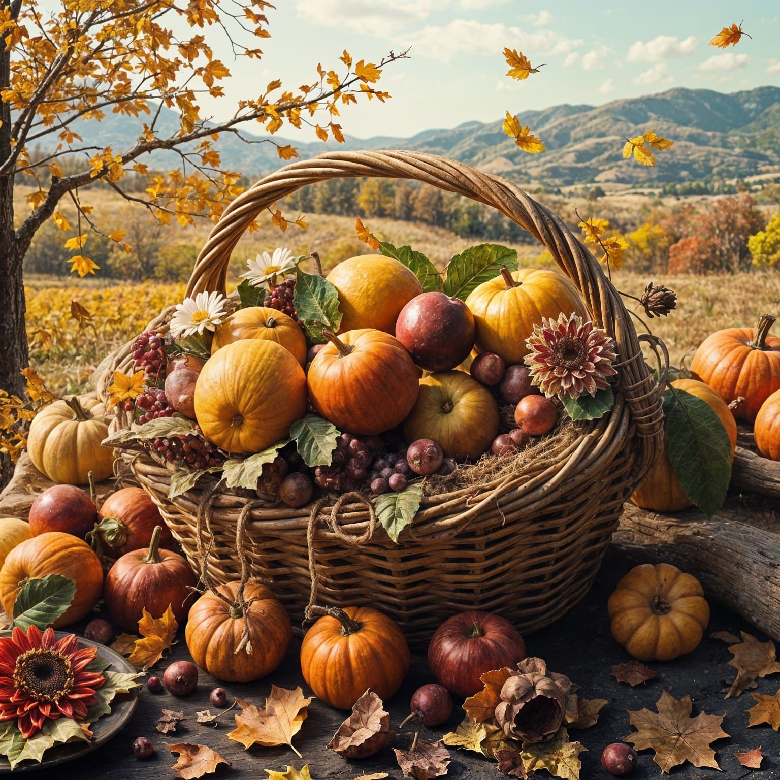 Maximalist Autumn Harvest Oil Painting With Fruit Basket