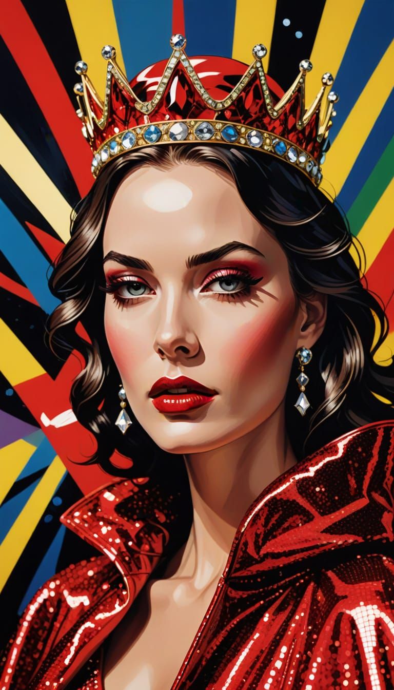 Regal Woman in Red Latex Cape and Bejeweled Crown, Pop Art S...