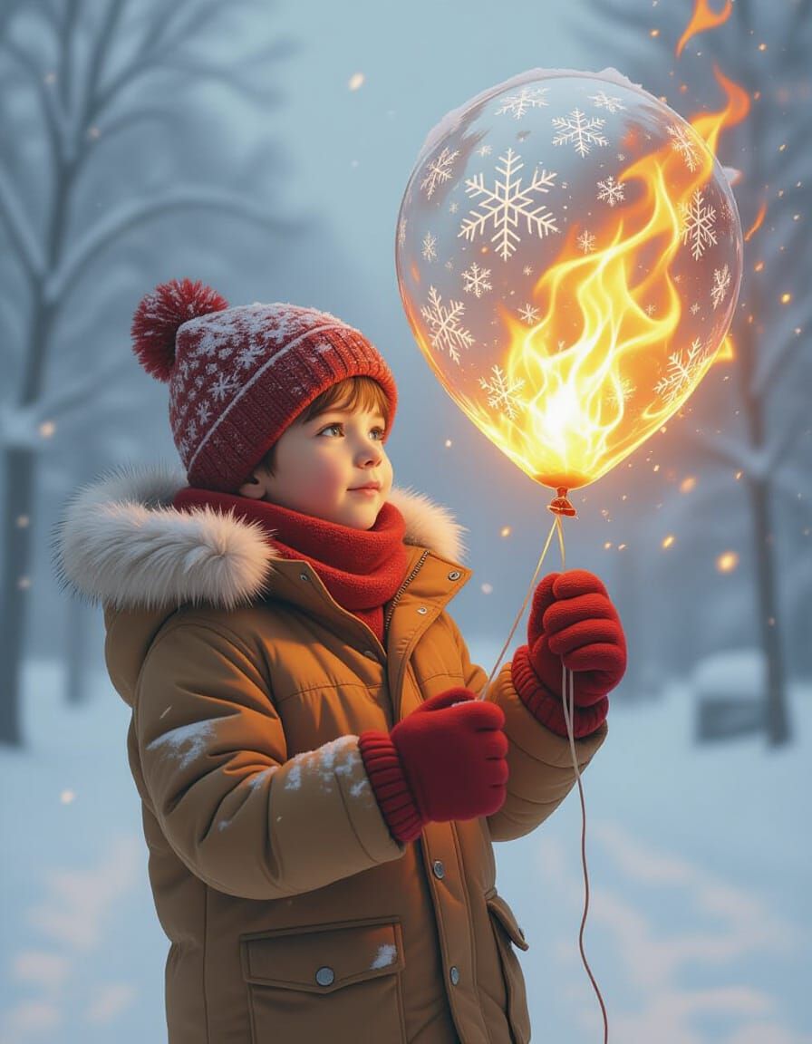 Boy Holds Balloon of Fire and Snow