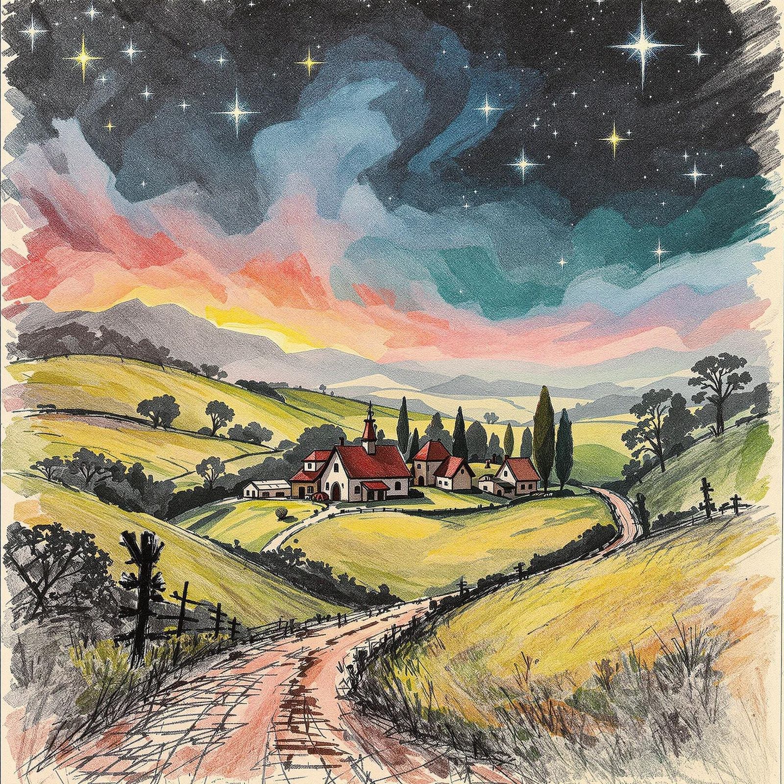 Colorful Pencil Drawing of a Starry Countryside Village