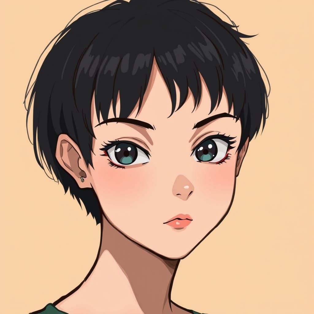 Introspective Young Woman with Pixie-Cut Hair in Soft, Muted...