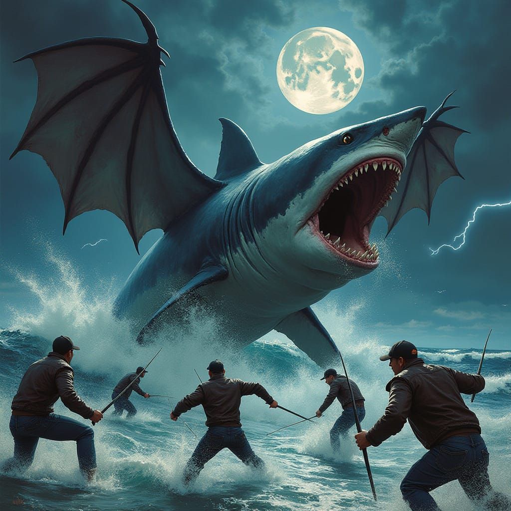 Men Battling a Shark with Bat Wings in a Stormy Ocean