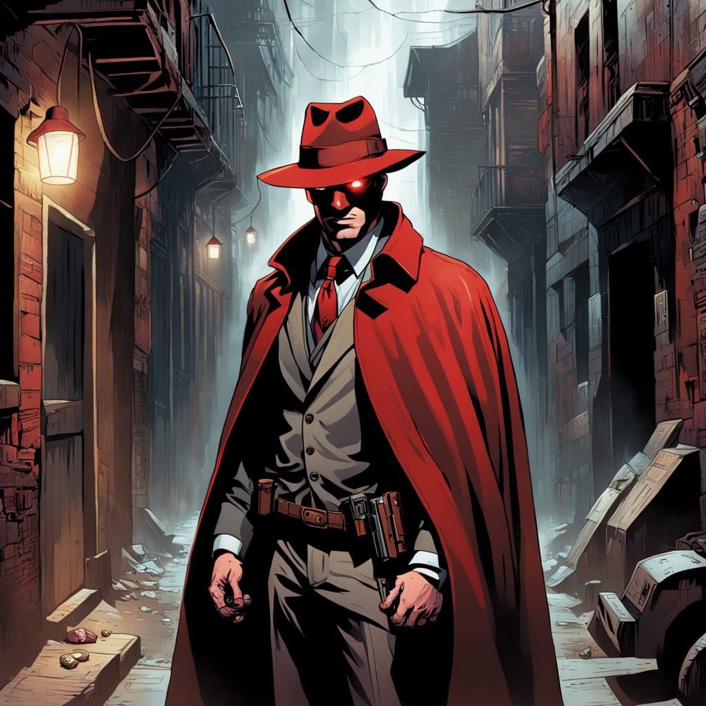Gritty Comic Book Style Figure in Red Fedora and Cloak