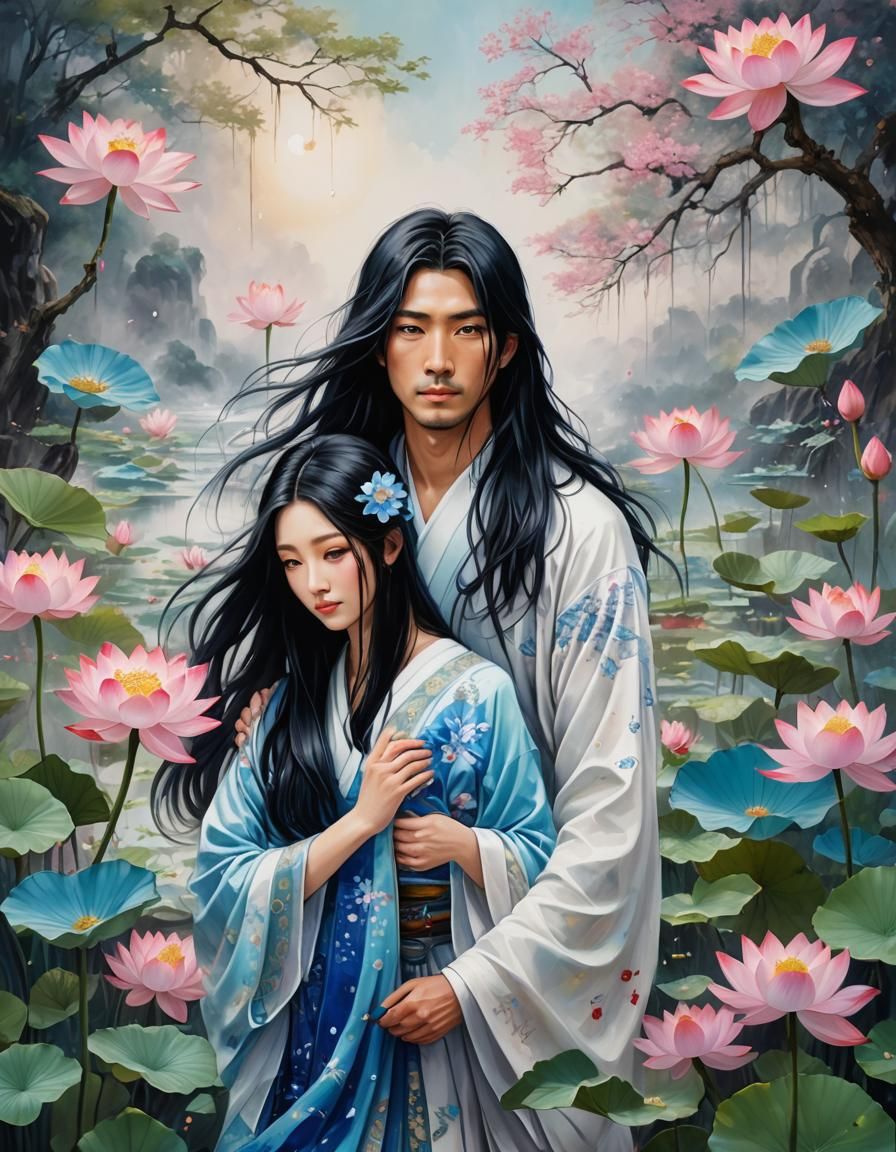 Romantic Japanese Couple with Lotus Flowers in Oil Painting