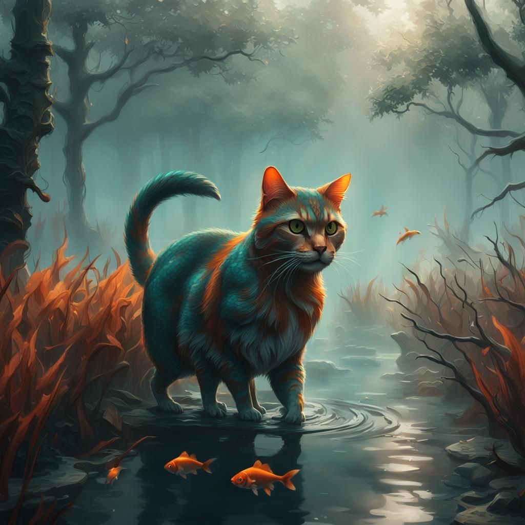 Ferocious Cat in Foggy Swamp: Hyperdetailed Concept Art