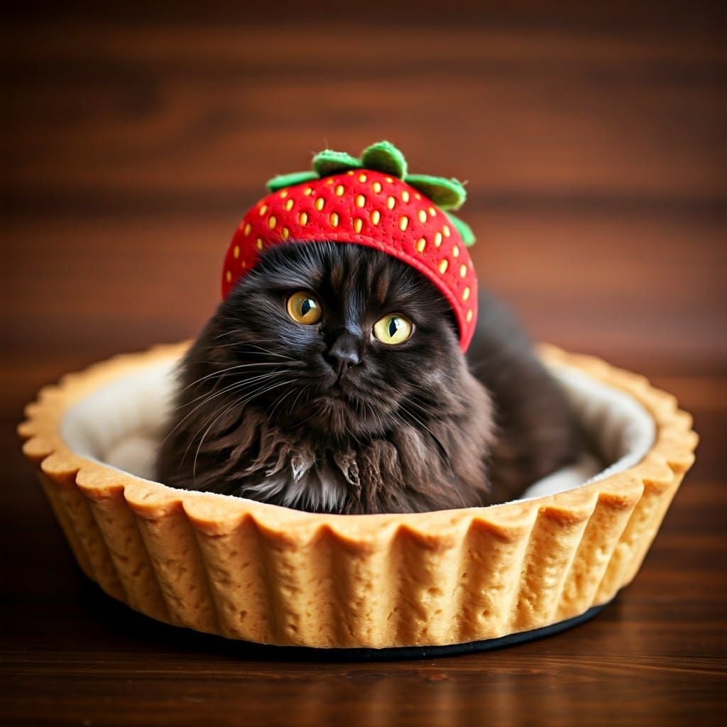 Whimsical Cat in Strawberry Tart Bed, Captured with DSLR Pre...