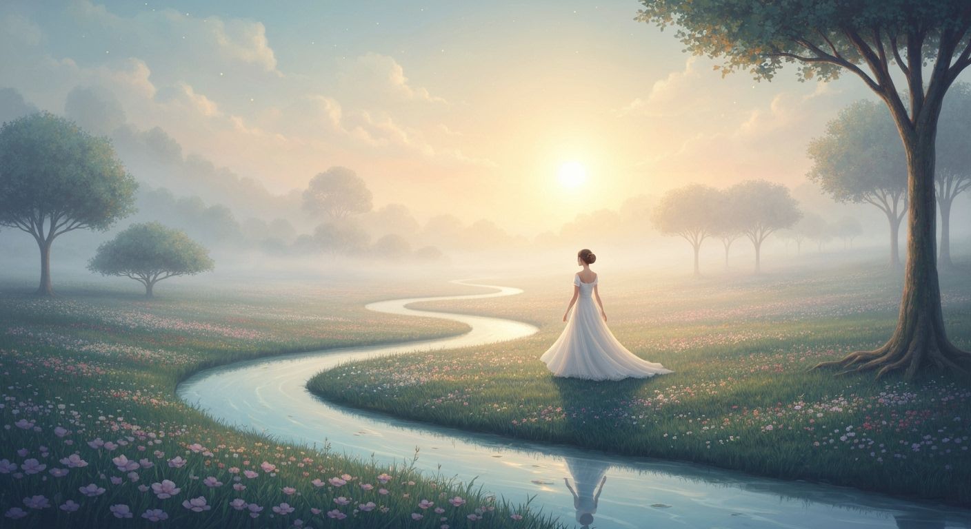 Dreamlike Woman by River at Sunrise in Floral Valley