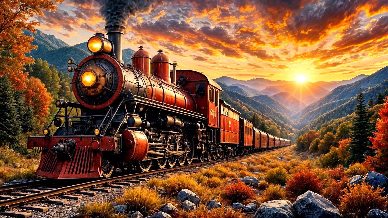 An 1890’s era steam locomotive headed towards the setting su...