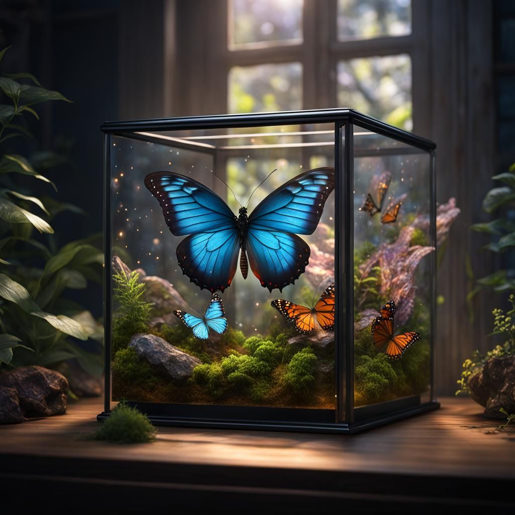 Butterfly Terrarium in 3D Cube with Fantasy Constellations