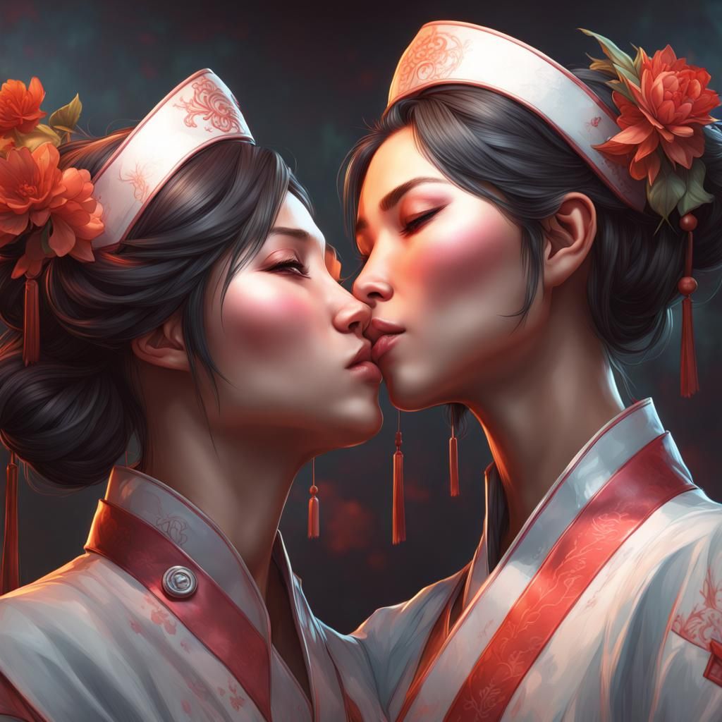 Chinese Nurses Share a Kiss: Detailed Portrait