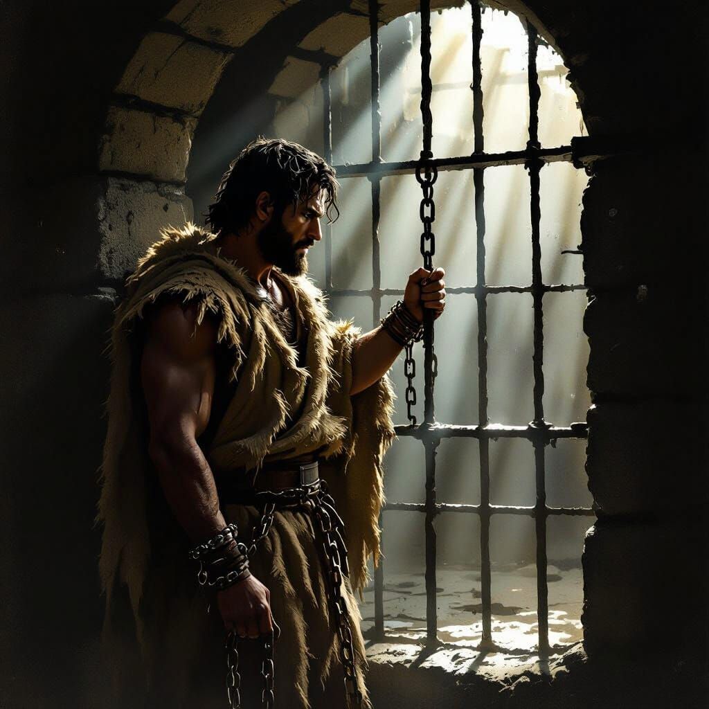 Man in Chains Grips Dungeon Bars in Dramatic Light