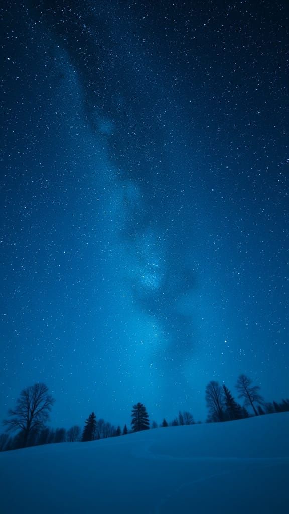 Epic Night Sky with Snowy Landscape in Blue and White Hues