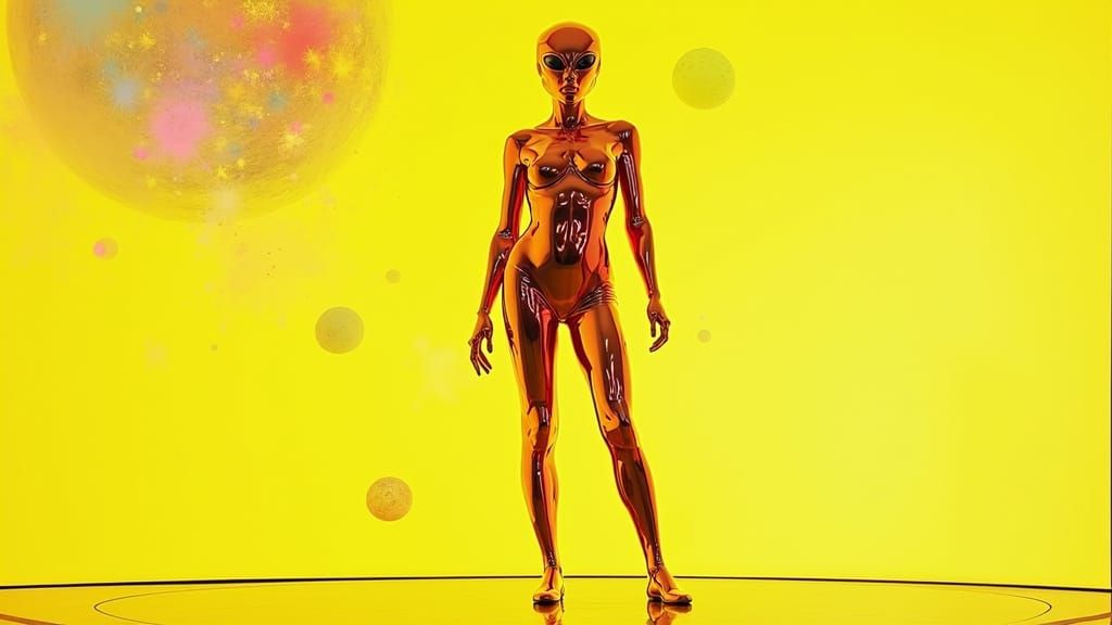 Woman in Chrome Suit Abducted by UFO in Surreal Sci-Fi Scene