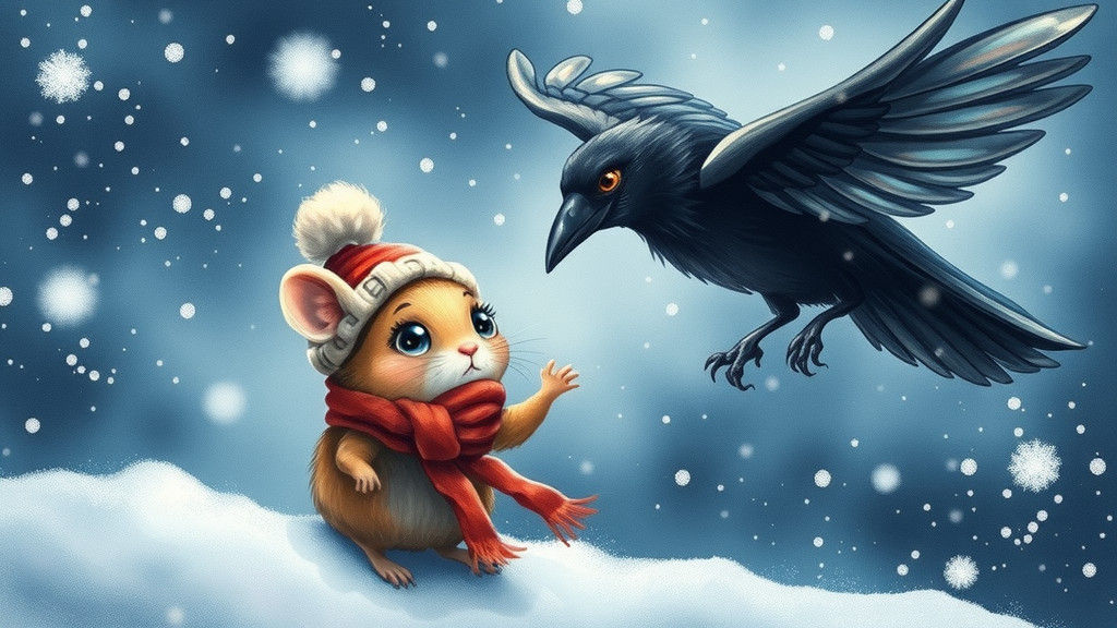 Cute little mouse stuck out in the snow, rescued by a crow