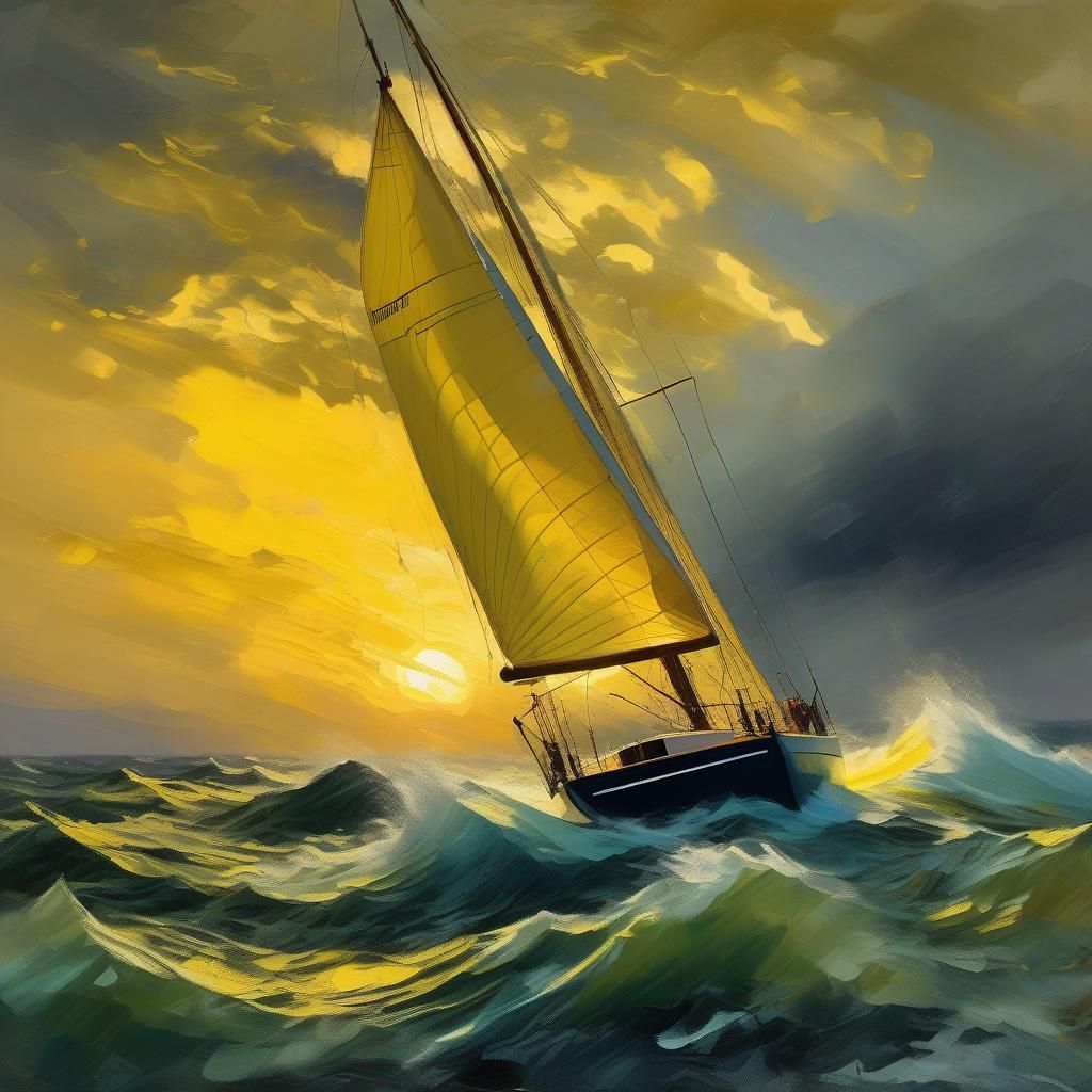Yellow Sailboat Navigates Stormy Seas, Oil Painting Style