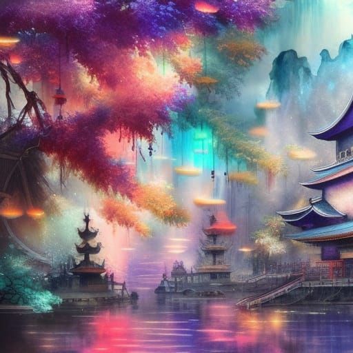 Magical Pearlescent Japanese Scene in Watercolor