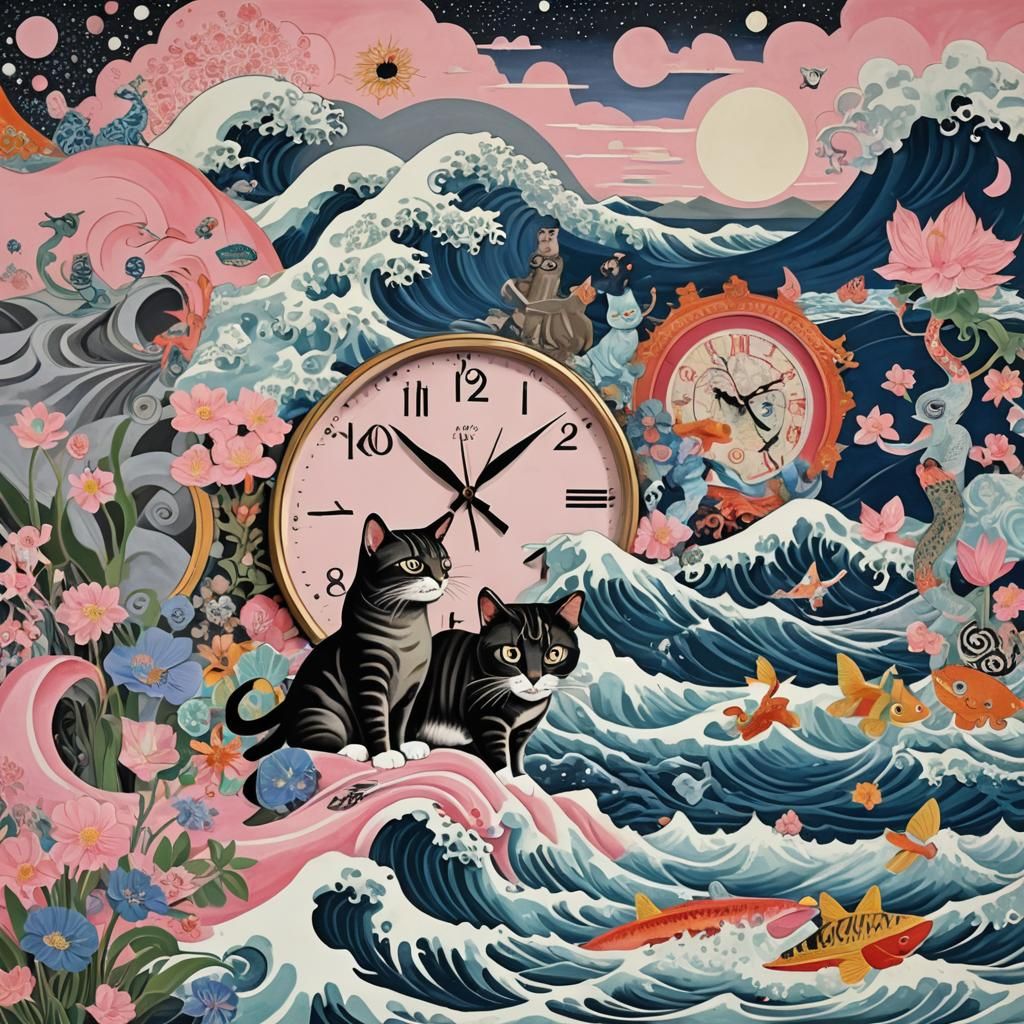 Surreal Oriental Collage with Cats and Famous Art