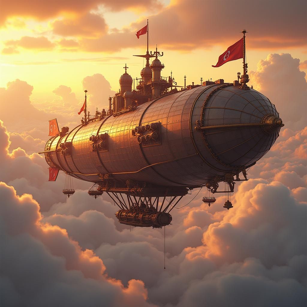 Steampunk Airship Soaring Through Clouds at Sunset