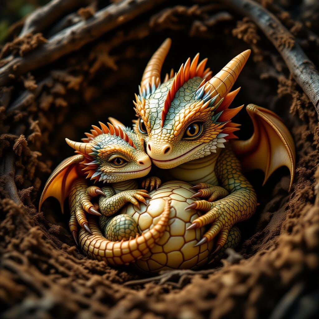 Joyful Mother Dragon Cuddles Newly Hatched Baby