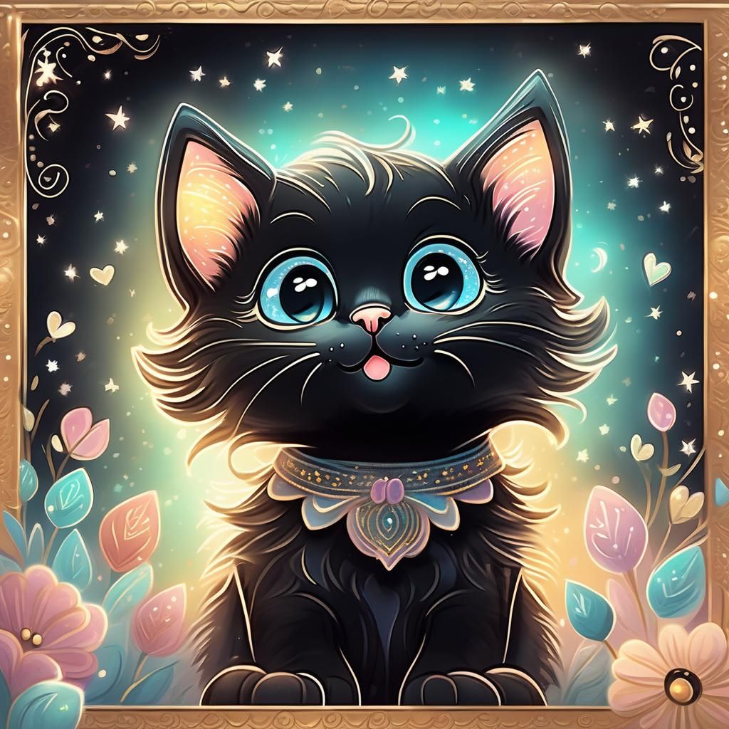Cute Black Kitten Expressing Gratitude in Kawaii Style