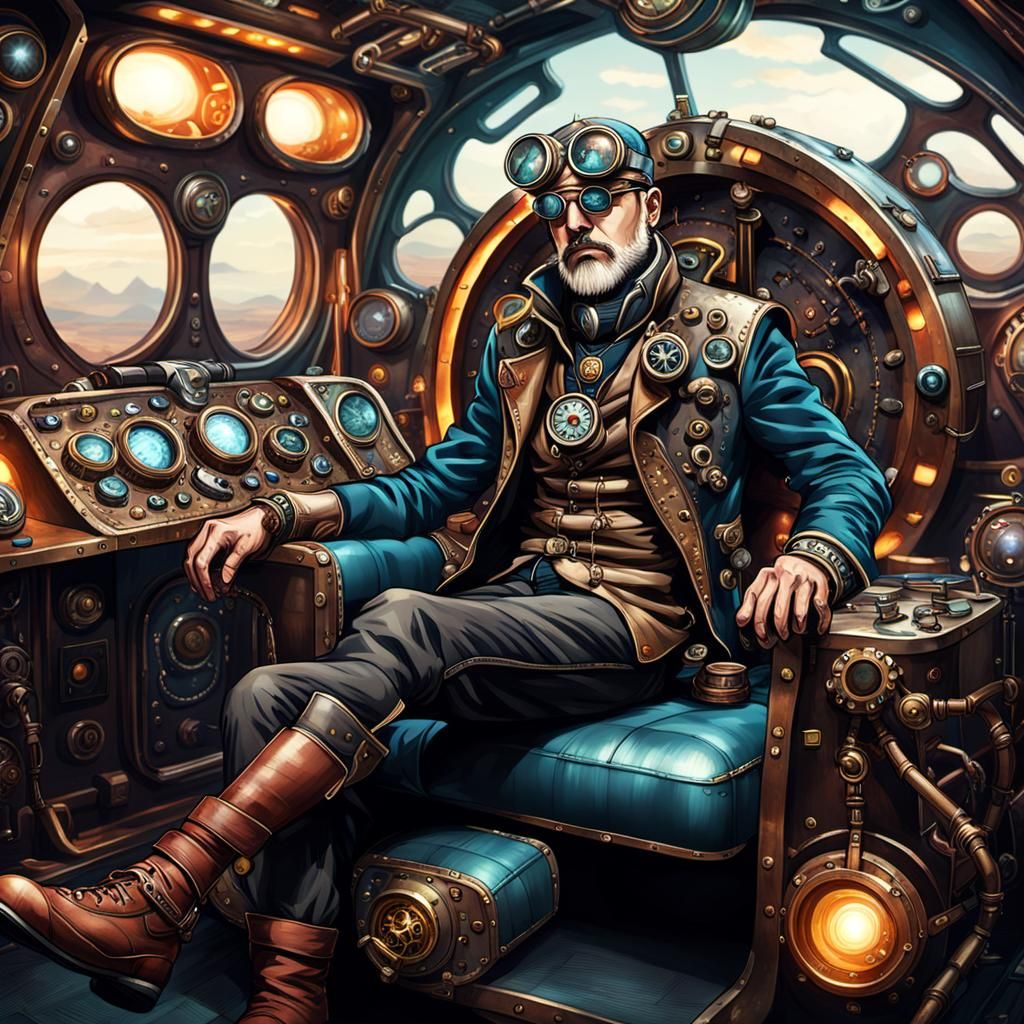 Steampunk Adventurer in Futuristic Spaceship Lounge