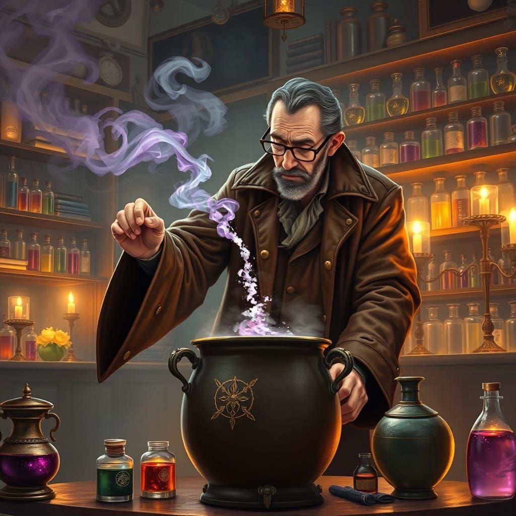 Steampunk Wizard Enchants with Lilac-Hued Potion in Whimsica...