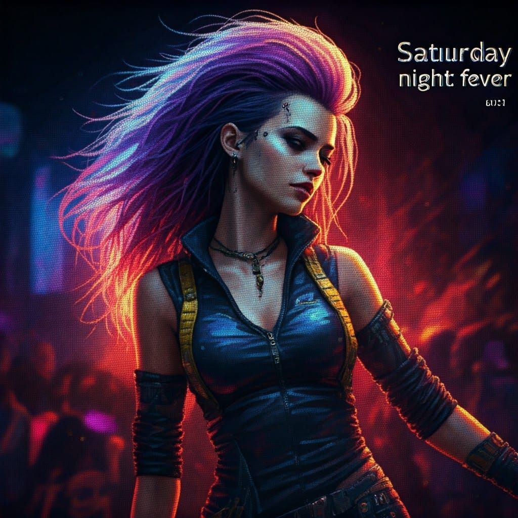 Cyberpunk Woman Dancing in Disco, Pointillism Style