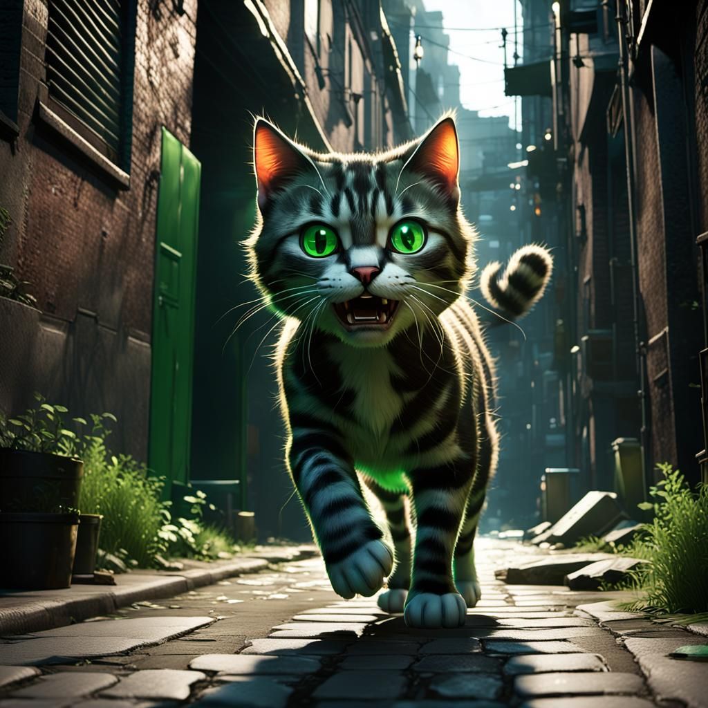 Humanoid Cat Runs in Gritty City Alleyway
