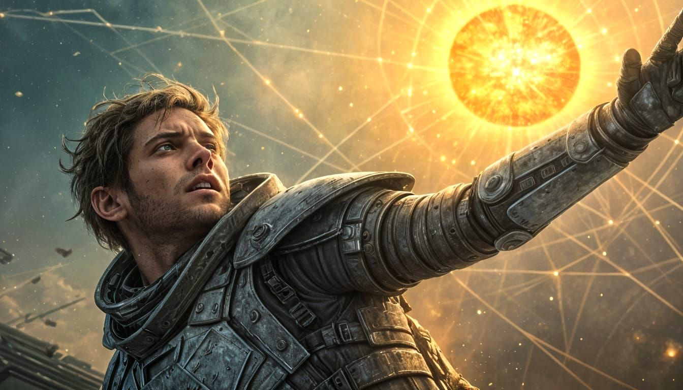 Strained Hero Gazed Upwards in a Futuristic Haze