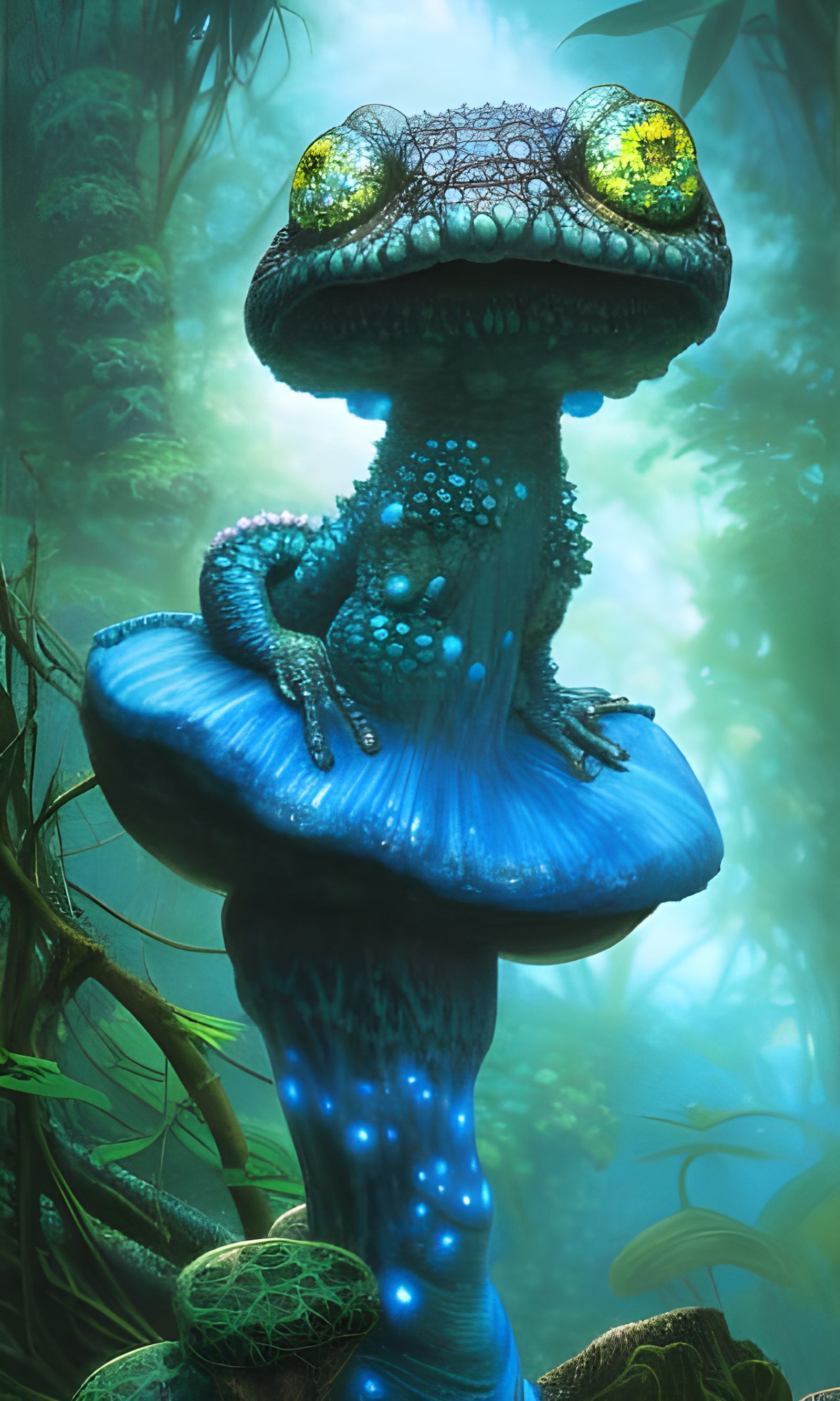 Bioluminescent Toadstool Kaiju Druid in Jungle Wonderland