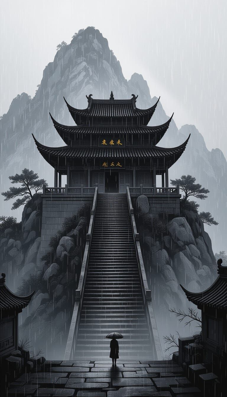 Mysterious Temple in Rain, Manga Style