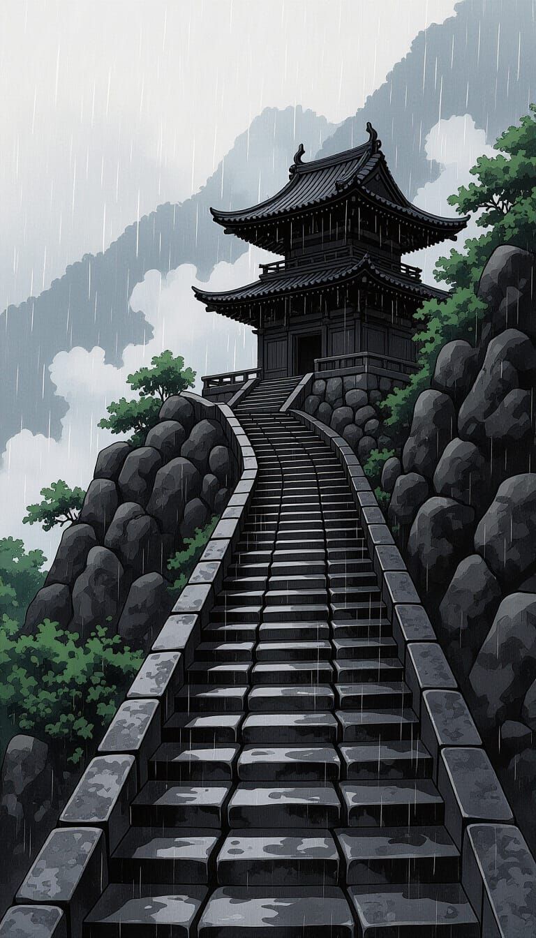 Abandoned Temple in Rain, Manga Style Landscape