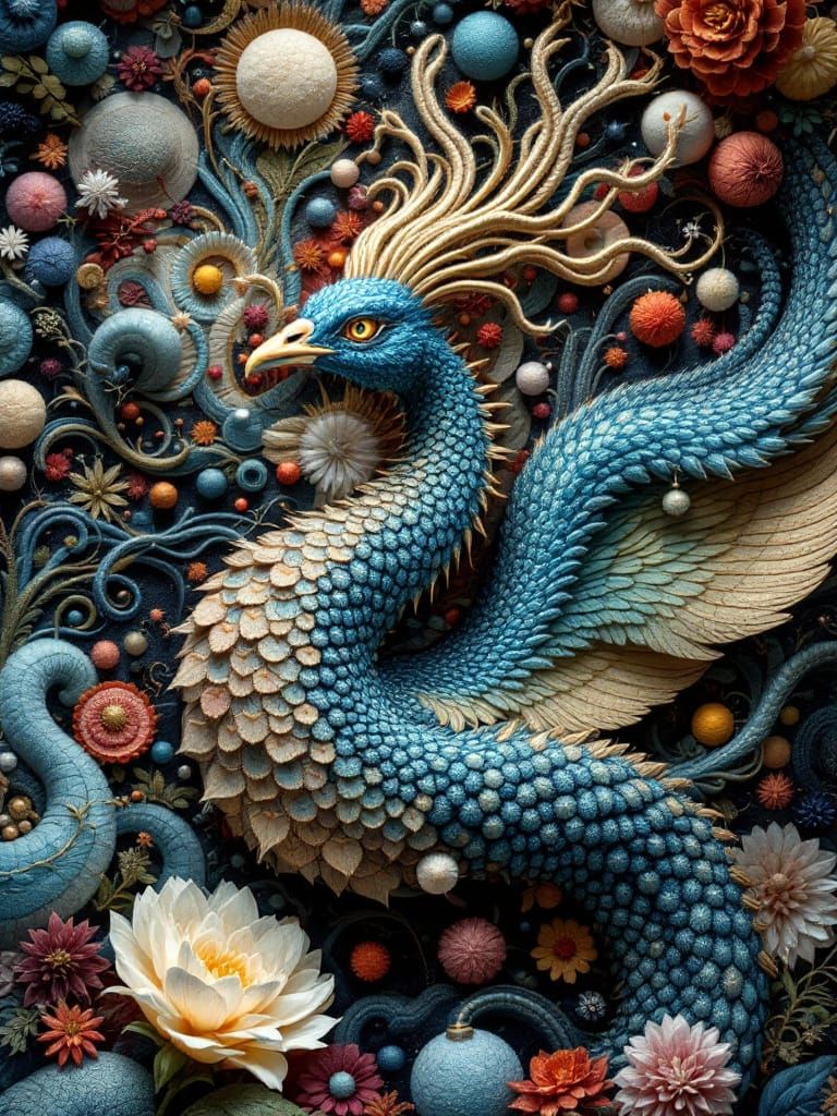 Hyperdetailed Felted Patchwork Peacockerel in Steamnoirnouve...