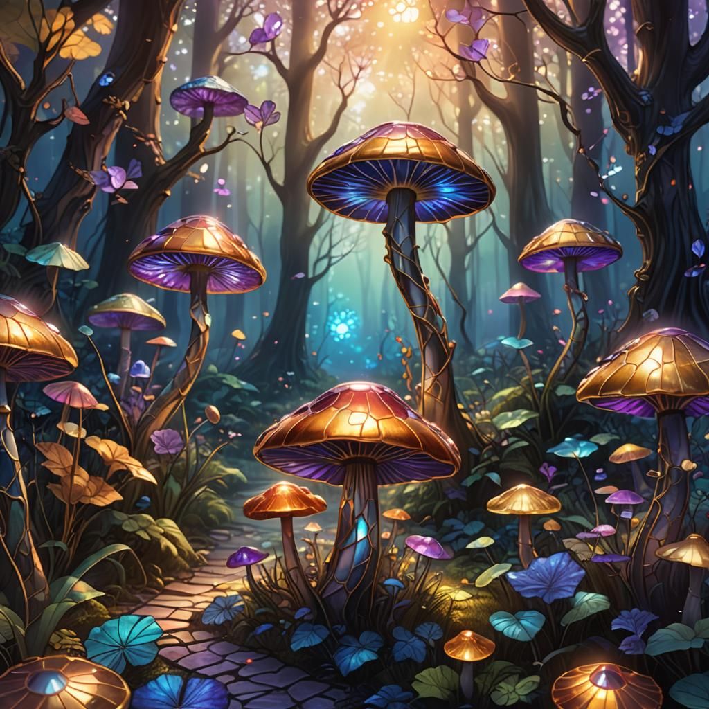 Stained Glass Mushroom in Enchanted Forest