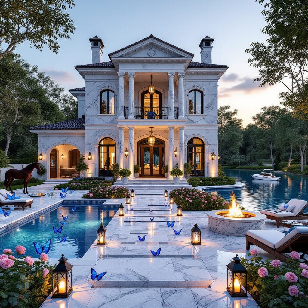 Marble House with Butterfly Lanterns & Lake