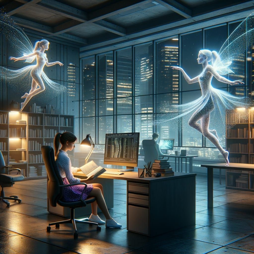 Girl Reading in Office with Light Fairies