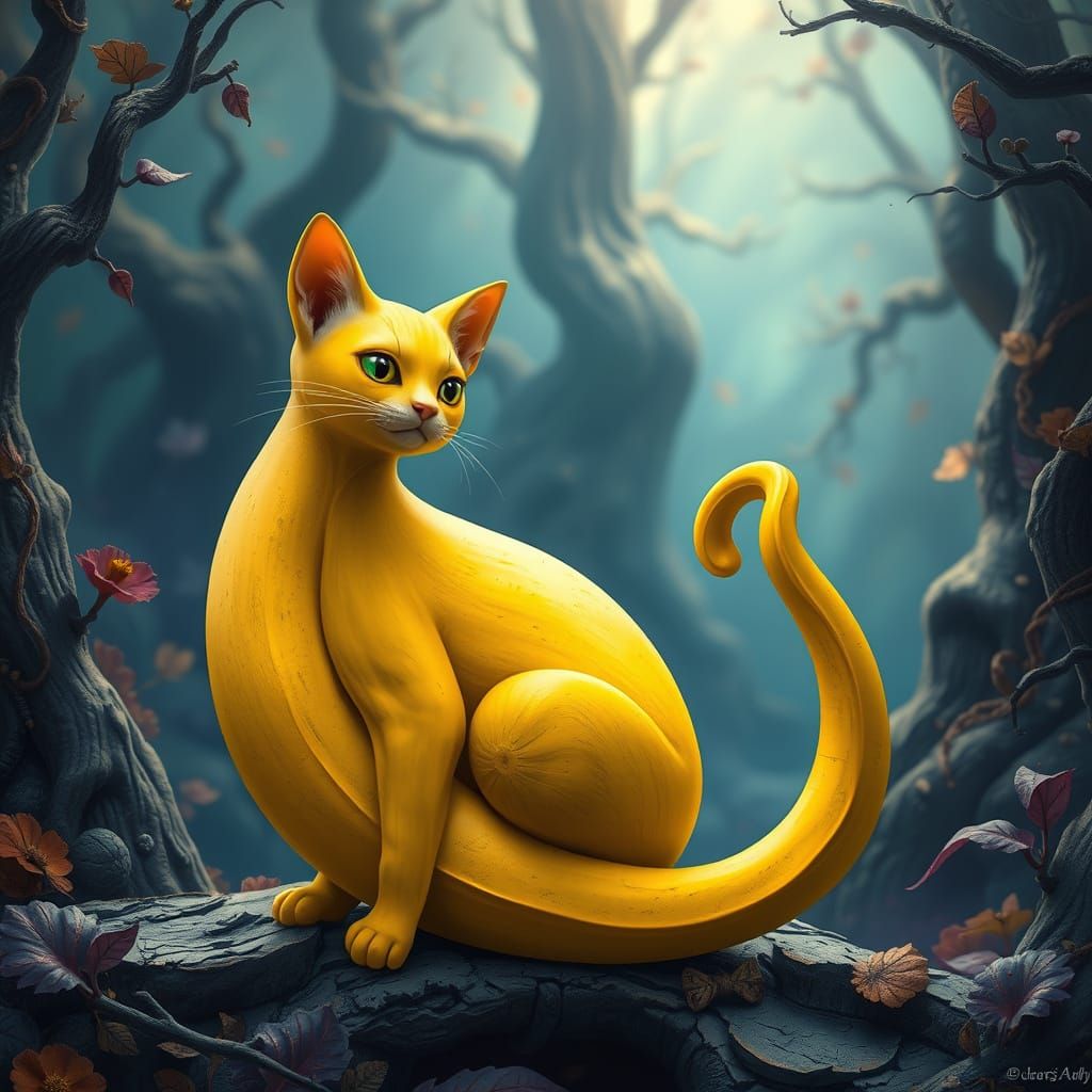 Whimsical Banana Cat in a Mystical Forest