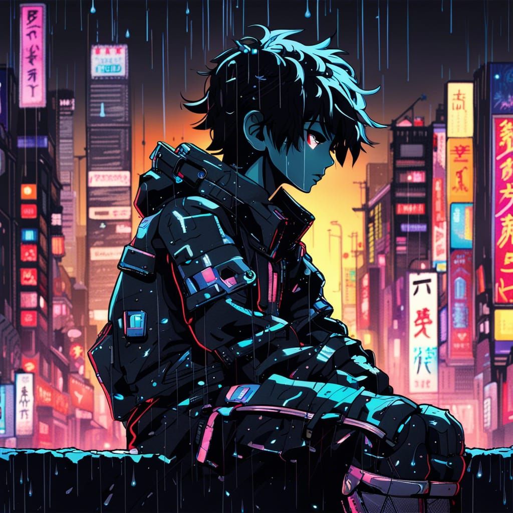 Teenage Silhouette in Neon City: Japanese Graffiti Art