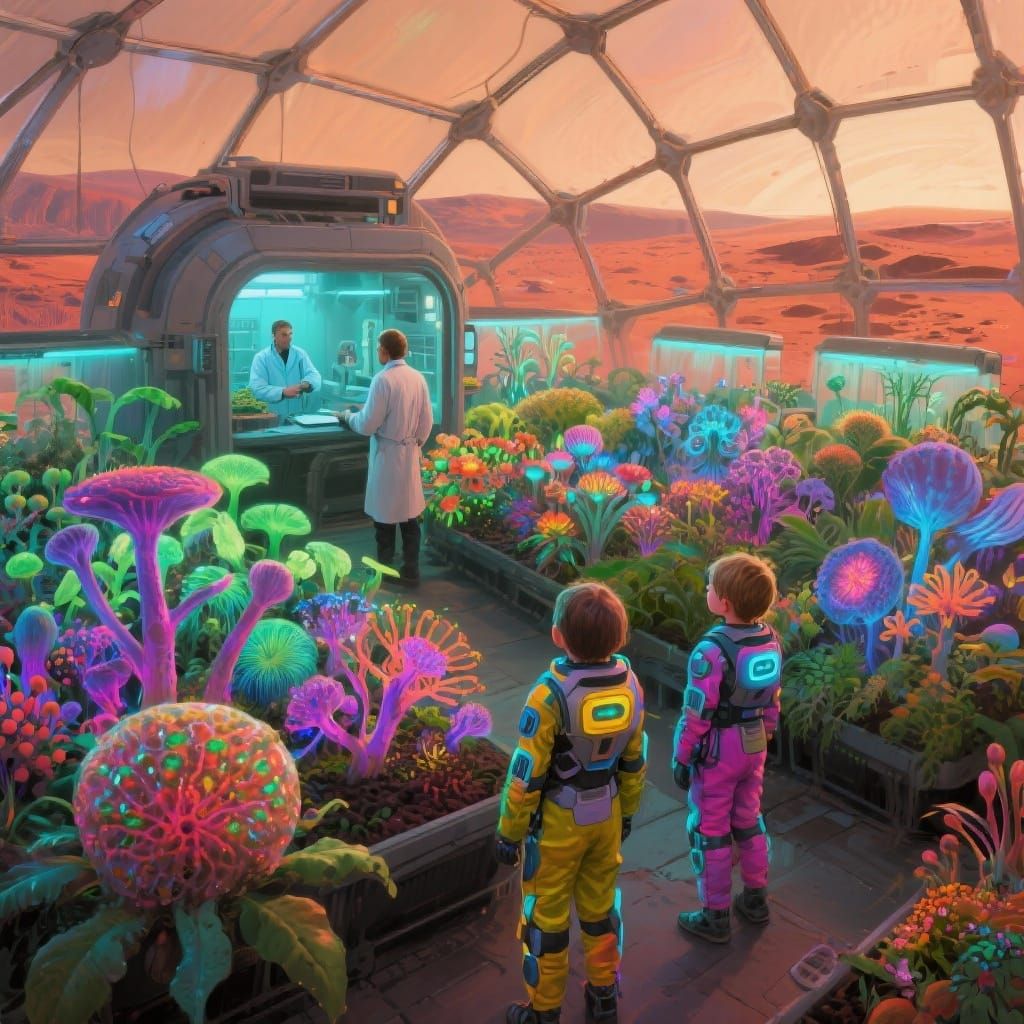 Martian Agricultural Dome With Glowing Flora and Human Botan...