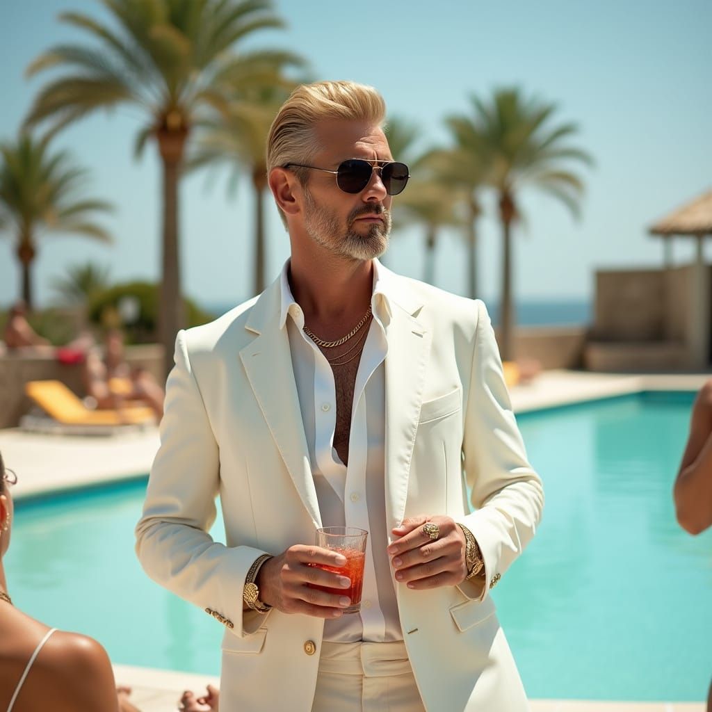 Realistic Photo of Man in White Blazer by Poolside