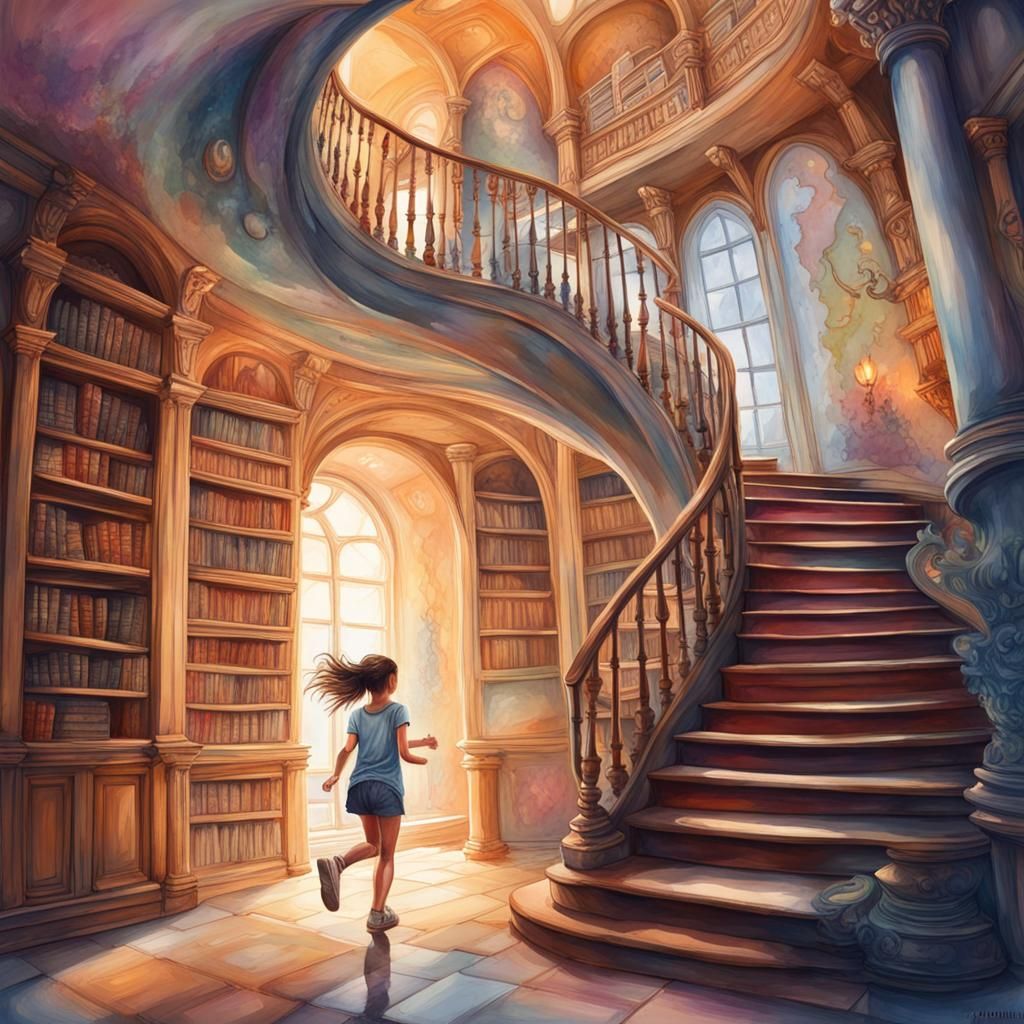 Girl Ascends Watercolor Staircase to Fantasy World