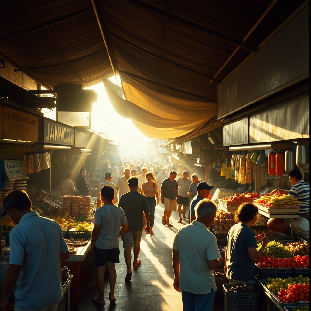 1980s Singapore Wet Market Scene in Golden Hour Light