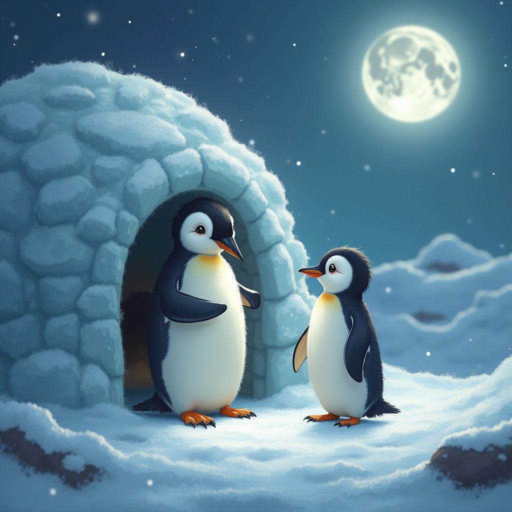 Enchanted Penguin and Ice Igloo in Dreamy Landscape
