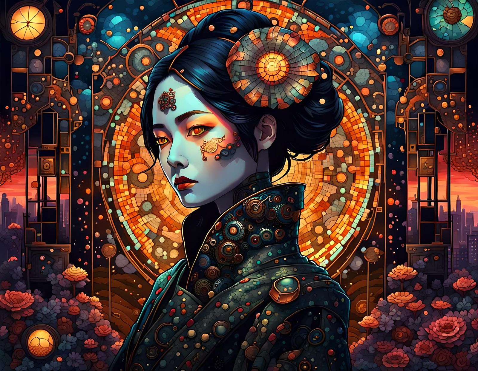 Biomechanical Geisha in Steampunk Twilight