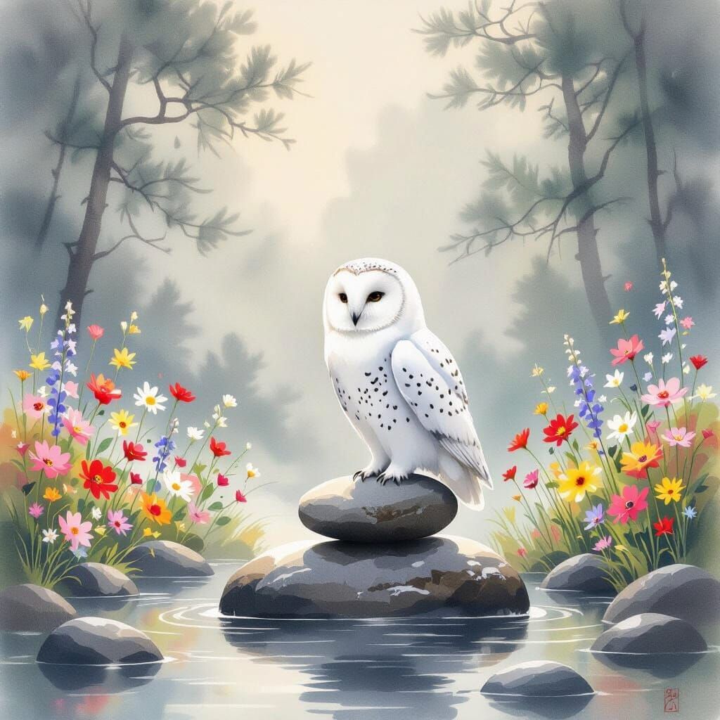 Zen Art Snowy Owl on Stone with Wildflowers