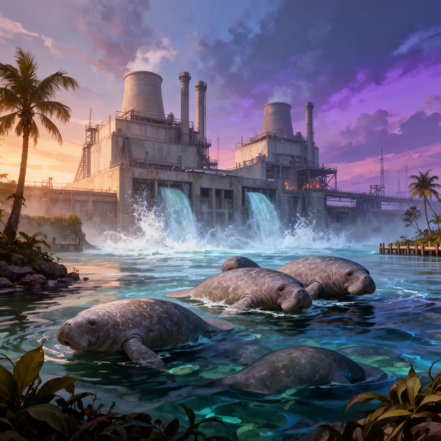 Manatees lounging in the bay of the power plant discharge warm water.