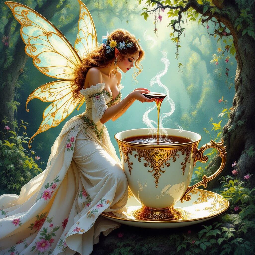 Fairy Godmother Dips into Ornate Coffee Cup
