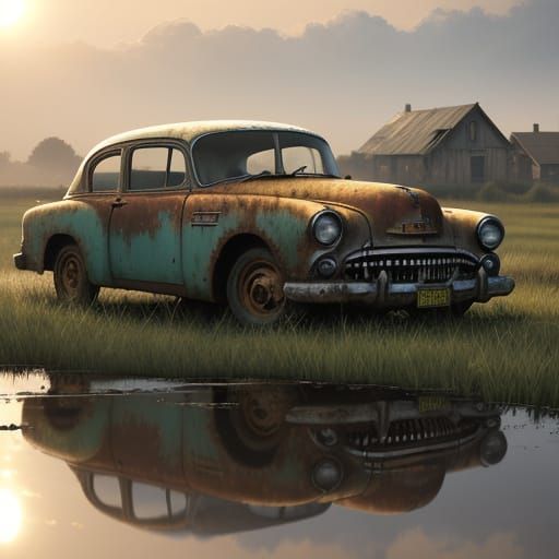 Rusty Vintage Car in Muddy Field with Worn Houses